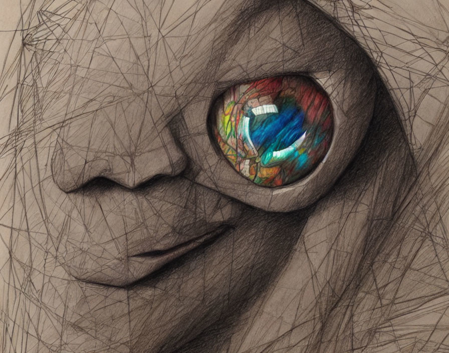 Detailed sketch of a vibrant eye with intricate line work