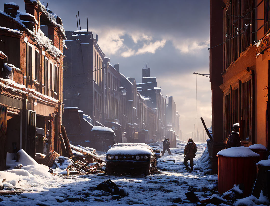 Snow-covered street with damaged buildings and abandoned cars post-disaster setting.