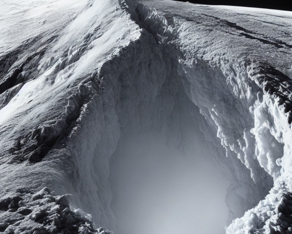 Snowy Volcano Crater with Rugged Rim and Dark Rocky Slopes