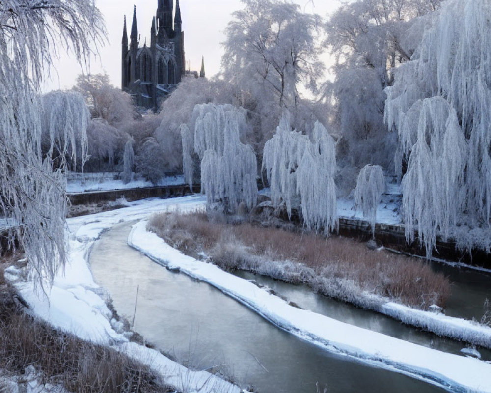 Frozen river winding through snowy landscape with frosted trees and cathedral in soft morning light