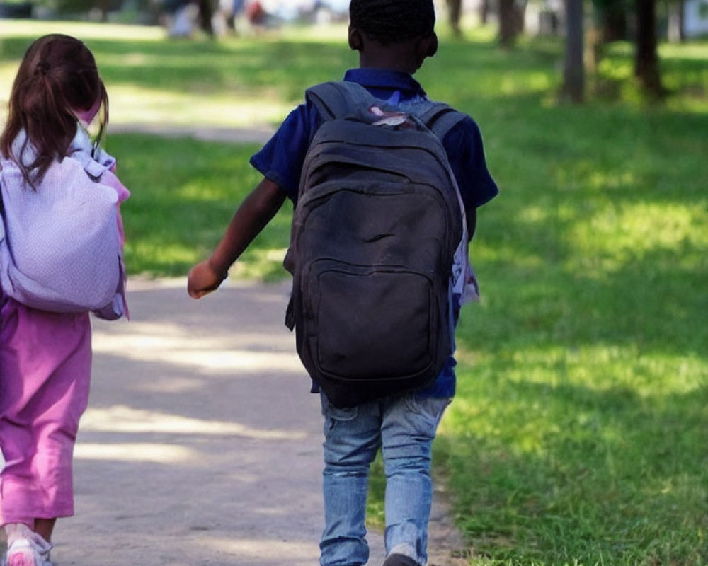 Children in pink and blue walking on park pathway