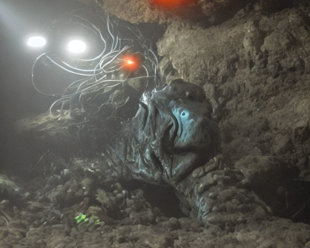 Underwater Octopus Creature in Rocky Overhang Illuminated by Lights