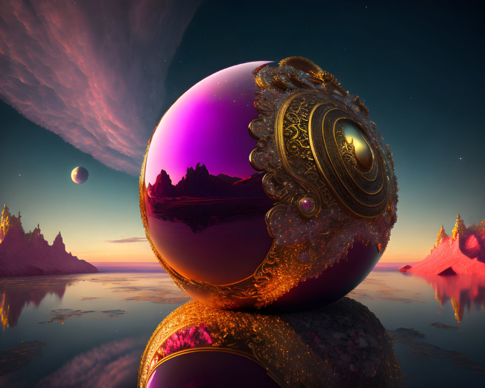 Surreal landscape with golden orb, pink mountains, water, and planets