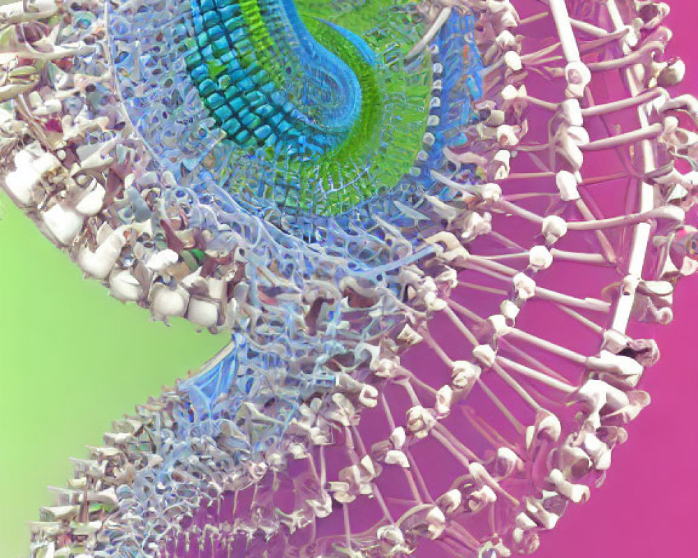 Fractal double helix with bone-like spirals on pastel background