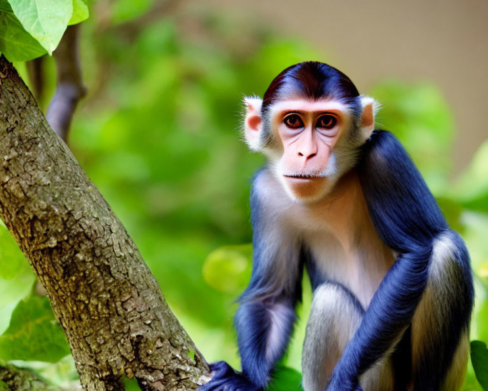 Red-Tailed Monkey with Blue and White Fur on Tree Branch