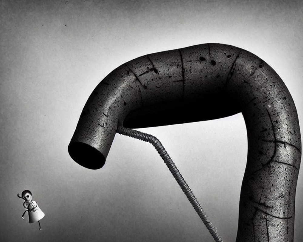 Monochrome surreal image: tiny person sucked into large industrial pipe