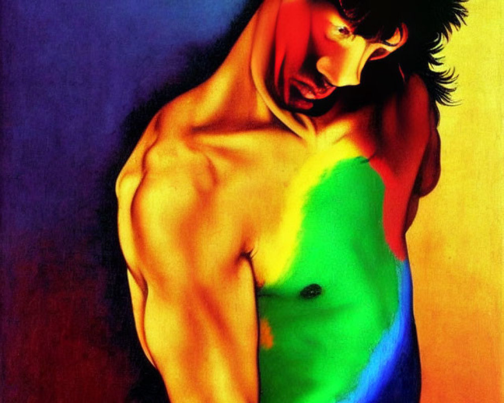 Muscular man with vibrant multicolored lighting, gazing downward.