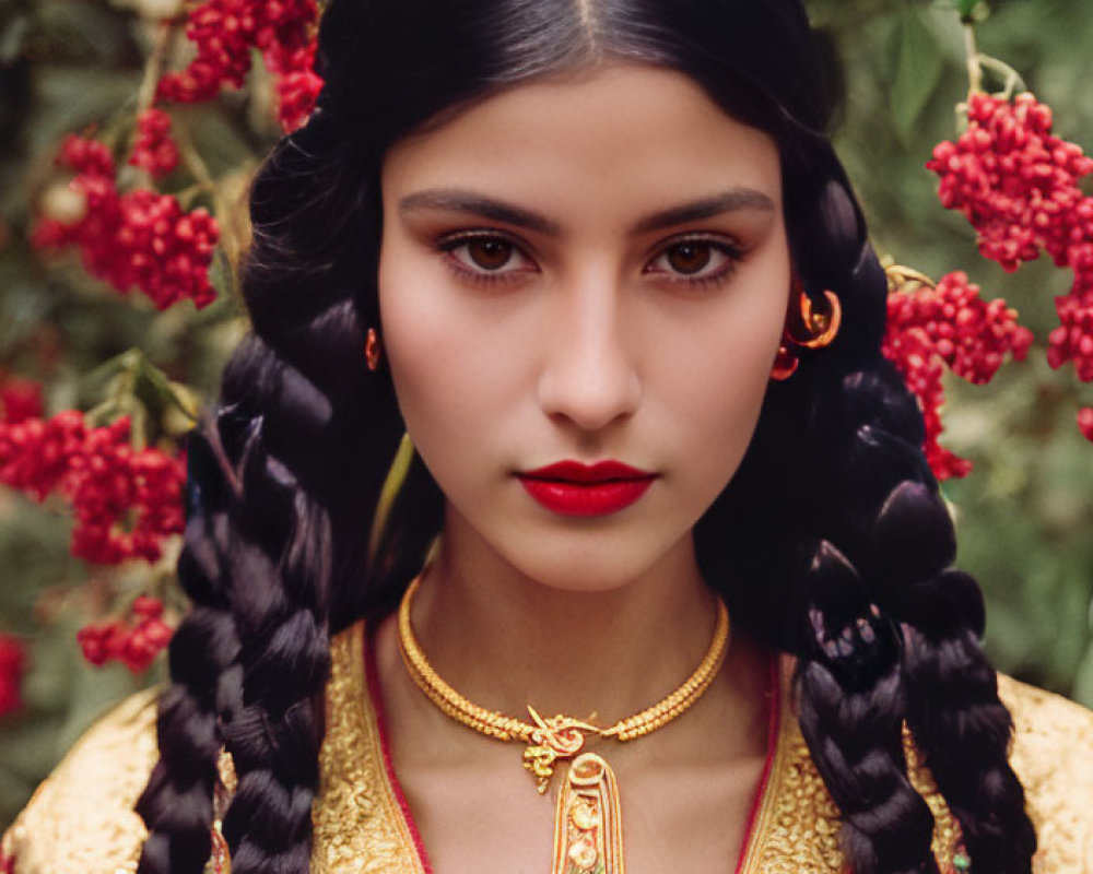 Dark-haired woman in braids with red flowers, red and gold attire, gold necklace, against floral