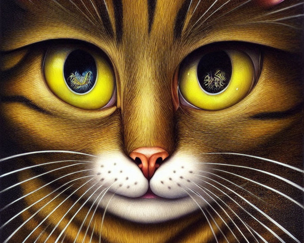 Detailed Cat Illustration with Yellow Eyes and Whiskers on Dark Background