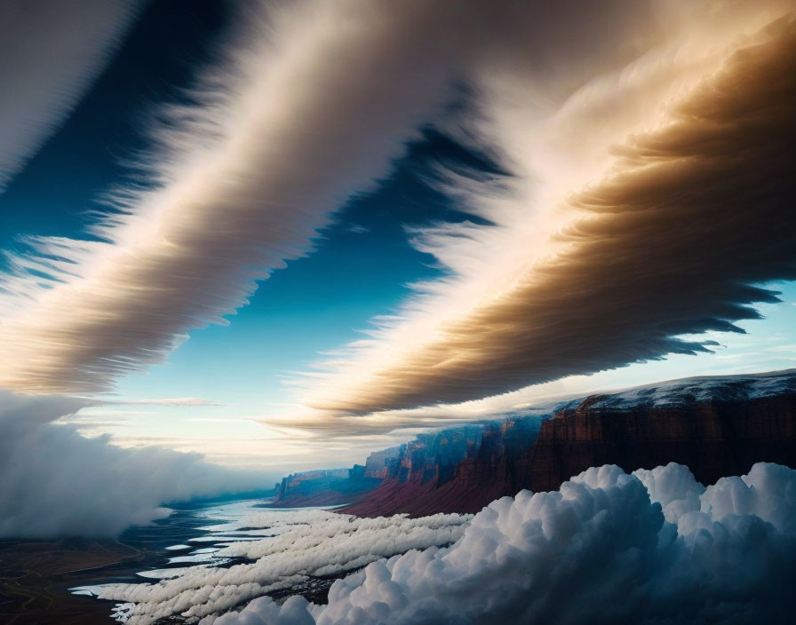 Panoramic aerial view of dramatic high-altitude landscape with vast cliffs, valleys, and dynamic cloud