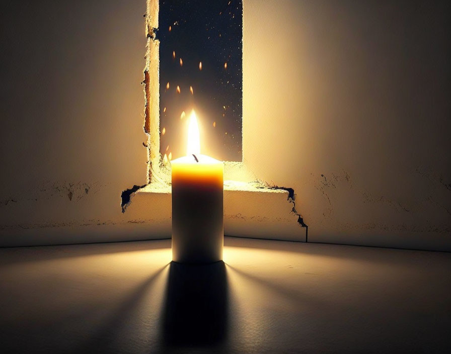 Softly lit candle casting shadow near cracked wall with peeling paint