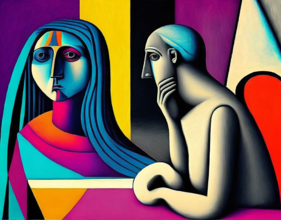 Abstract painting of two figures with exaggerated, stylized features against geometric backdrop