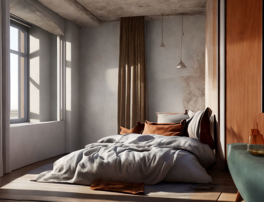 Sunlit Cozy Bedroom with Unmade Bed and Warm Pillows