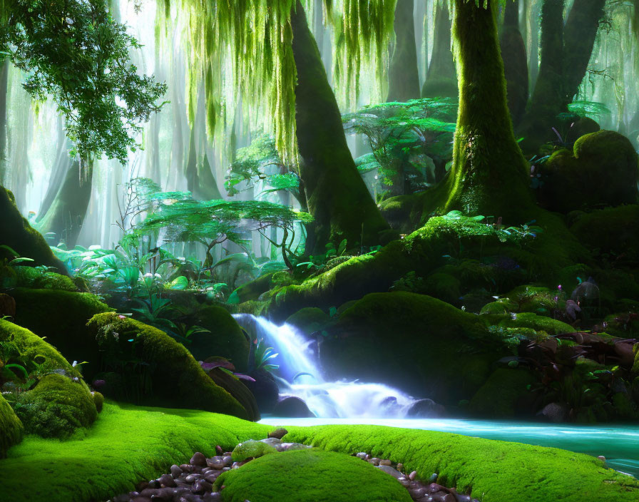 Lush green moss forest with small waterfall and sunlight filtering through trees