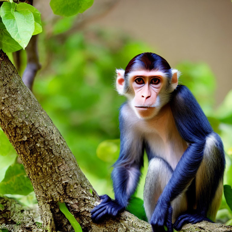 Red-Tailed Monkey with Blue and White Fur on Tree Branch