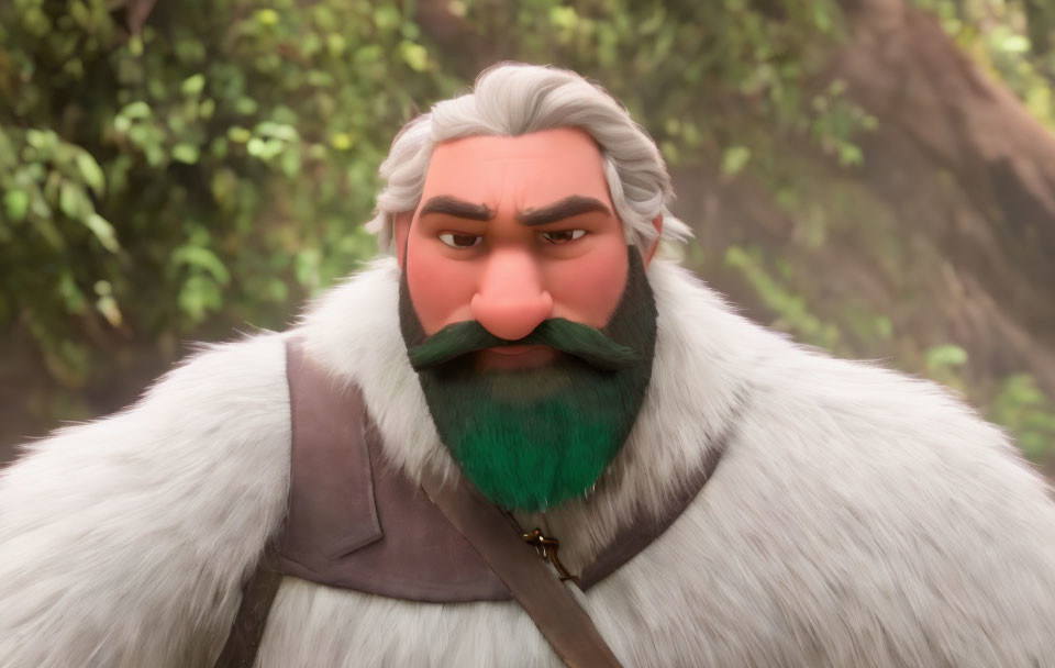 Green-mustached animated character in fur coat with gray hair