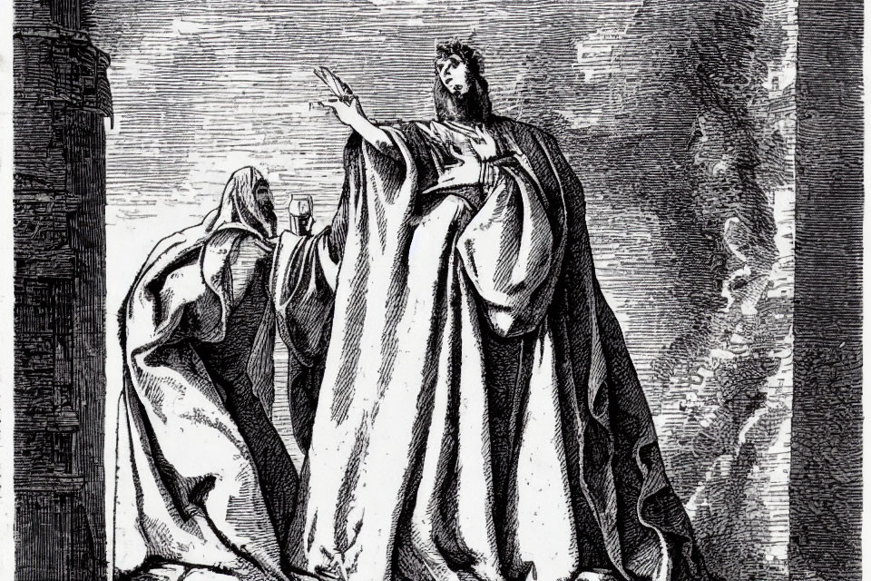 Monochrome illustration of two robed figures in ancient setting