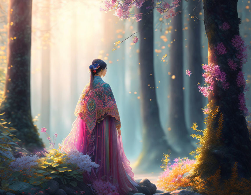 Colorful traditional dress woman in serene forest with pink blossoming trees