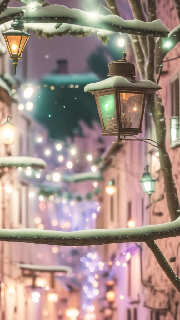 Snow-covered trees and hanging lights in illuminated winter street