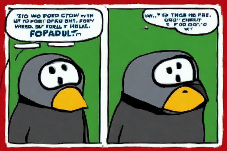 Cartoon penguins in speech bubbles on green background