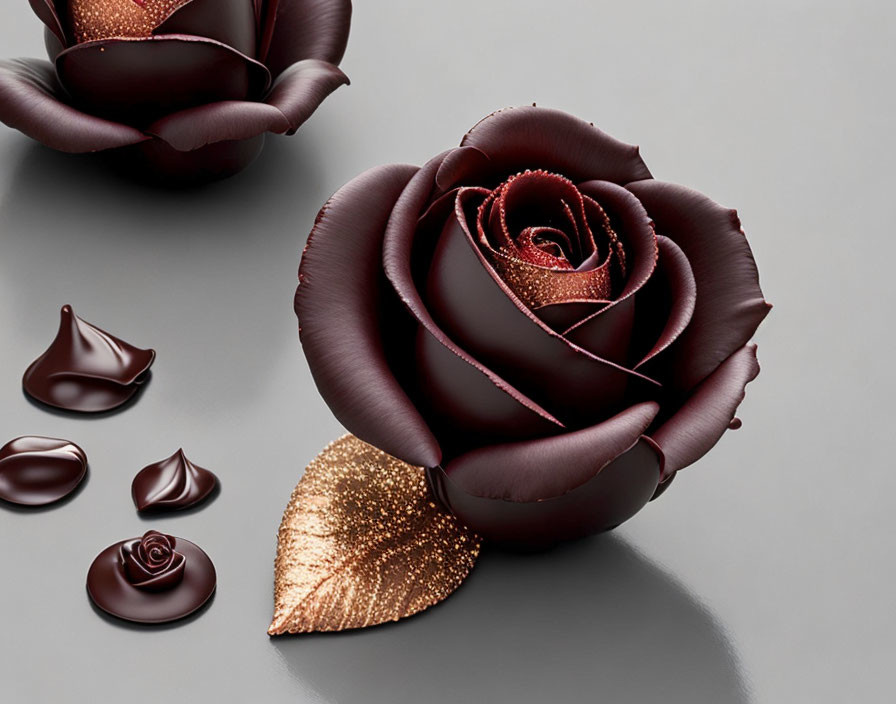 Dark Red Chocolate-Like Rose with Gold Leaf and Chocolate Droplets