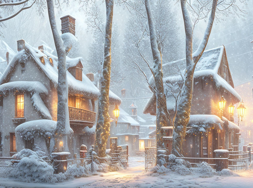 Winter Scene: Snow-covered Cottages and Glowing Lights in Tranquil Setting