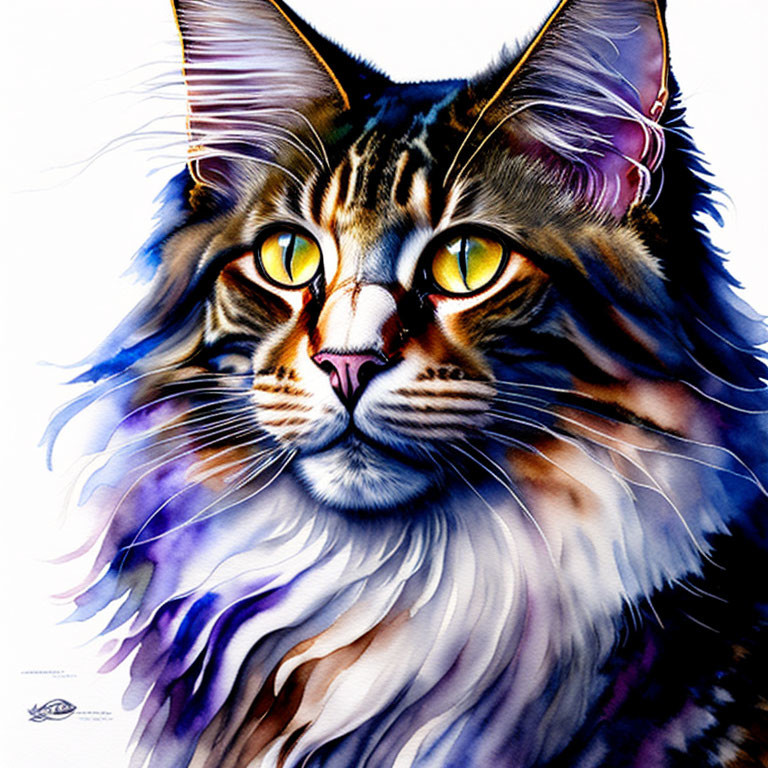 Colorful Maine Coon Cat Watercolor Painting with Yellow Eyes