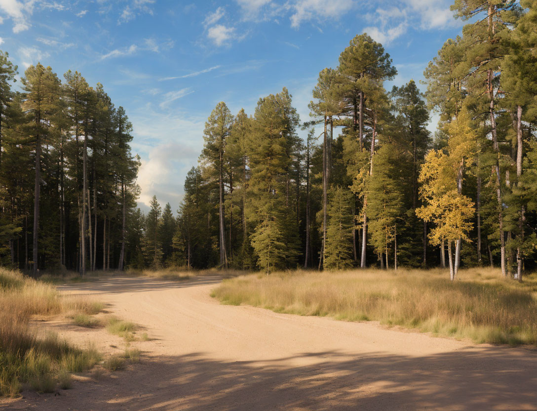 Tranquil forest scene with winding dirt road & tall pine trees