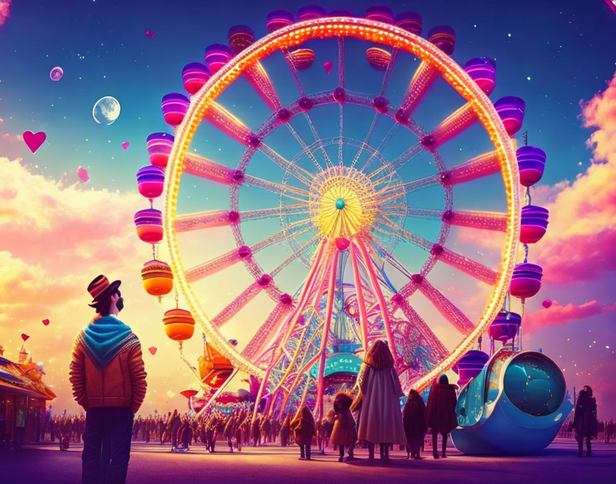 Colorful fairground scene: Ferris wheel, hot air balloons, people, surreal sky.