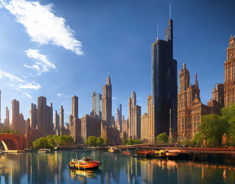 Cityscape with skyscrapers, river, boats, blue skies, and greenery