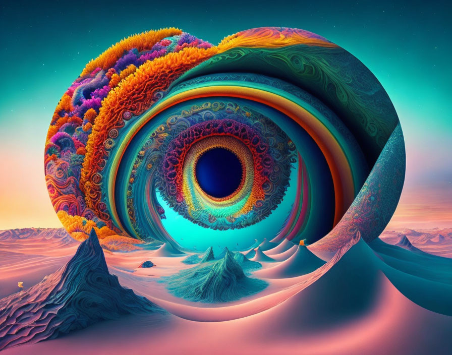 Colorful surreal landscape with fractal structures under pastel sky