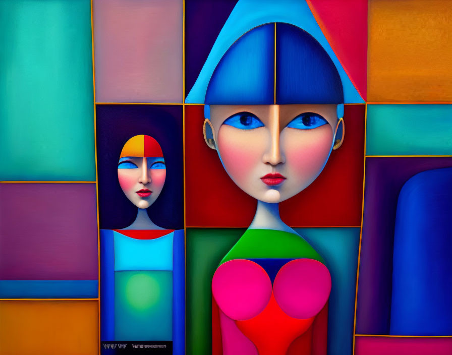 Colorful Surrealist Painting: Female Figure with Blue Skin & Geometric Shapes