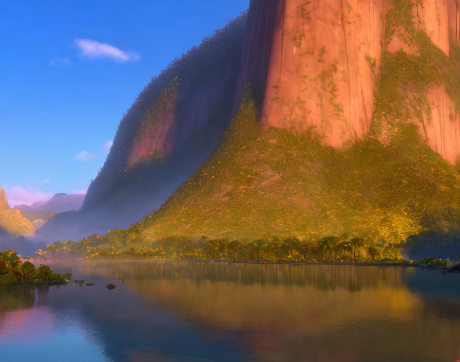 Tranquil river reflecting warm sun on towering cliffs and greenery