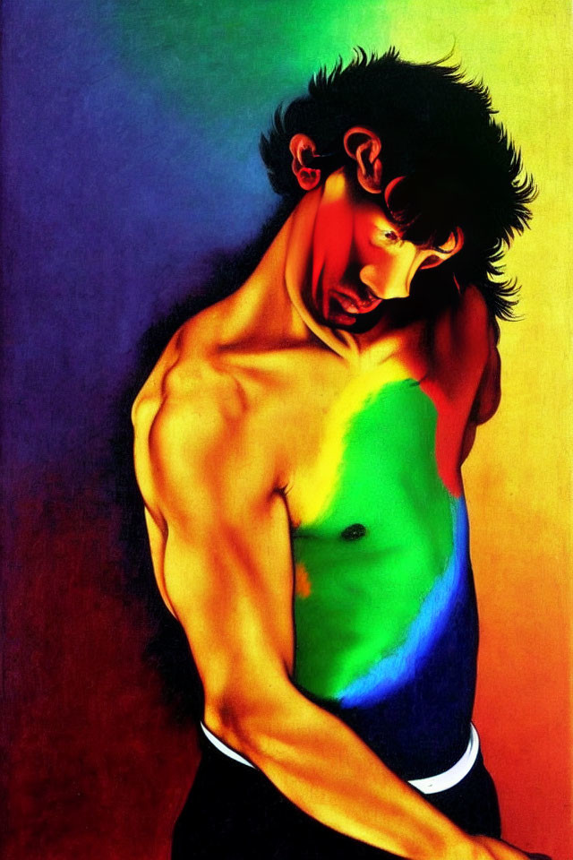 Muscular man with vibrant multicolored lighting, gazing downward.