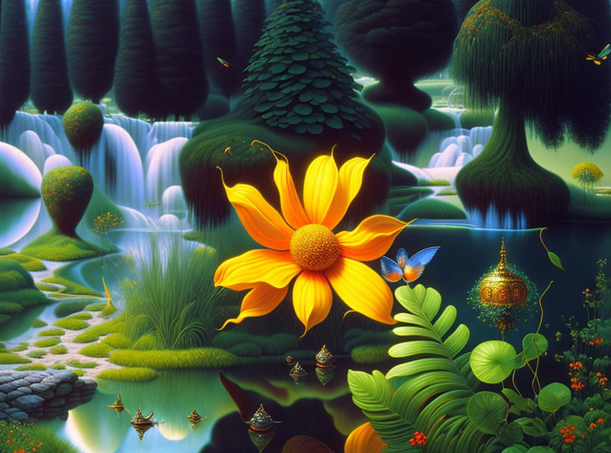 Colorful digital artwork: Oversized yellow flower in lush green fantasy landscape