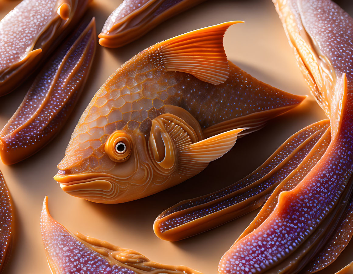 Textured orange fish with intricate patterns on similar-hued background