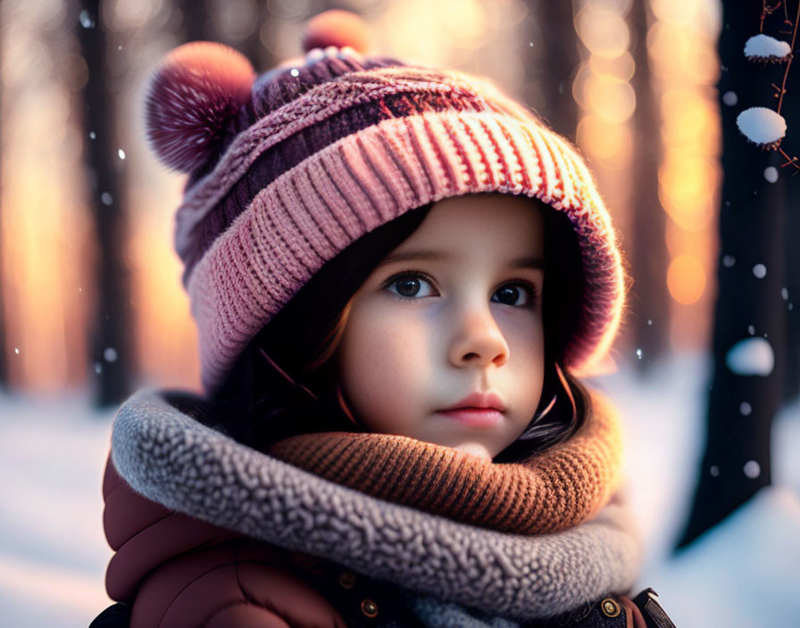 Young girl in pink hat and scarf in snowy winter scene