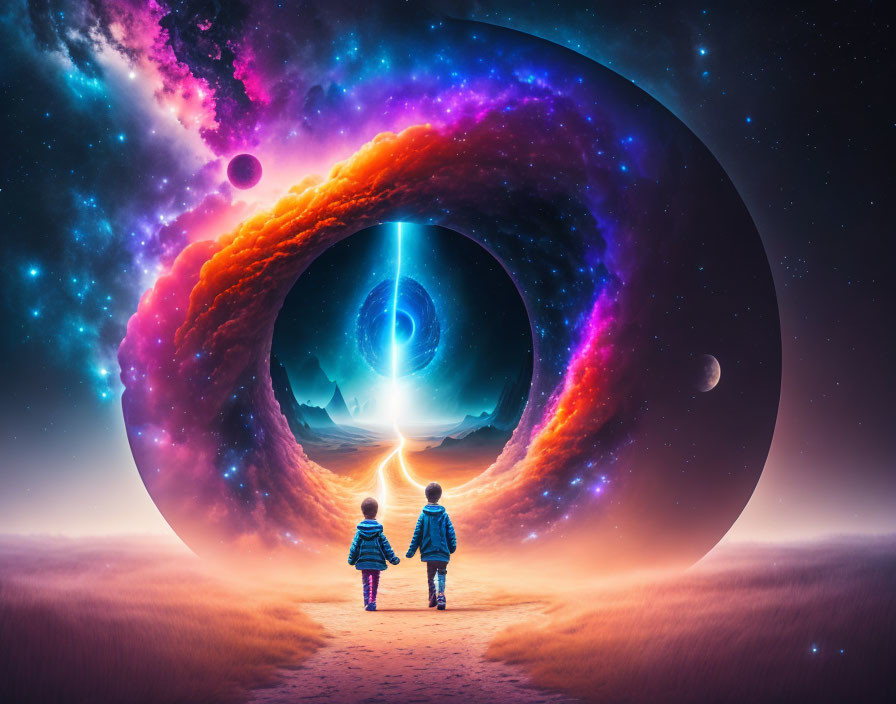 Children mesmerized by vibrant cosmic portal on surreal starry landscape