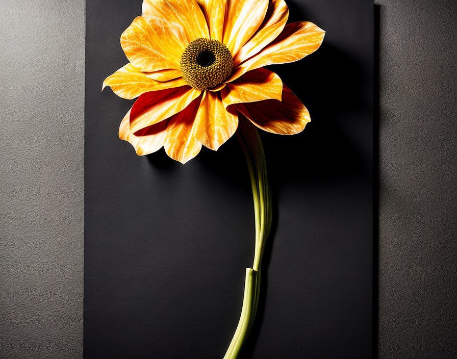 Bright orange-yellow flower with dark center on green stem against black background