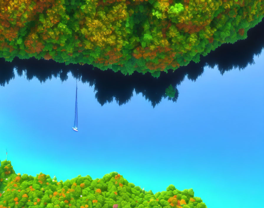 Upside-down landscape with green treetop canopy and mirrored sailboat in the sky