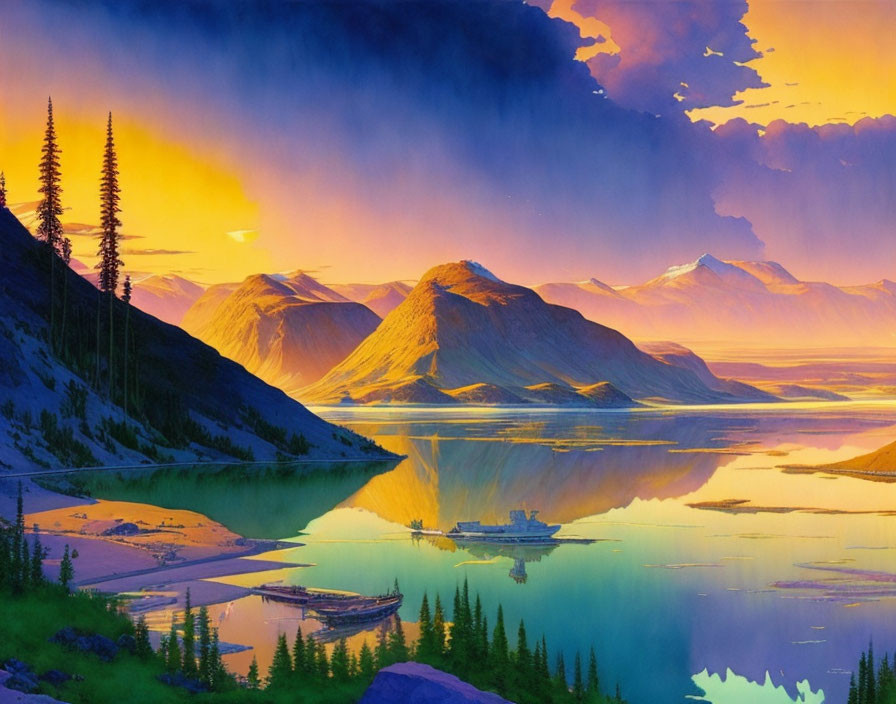 Vivid Landscape Painting: Serene Lake at Sunset with Mountains