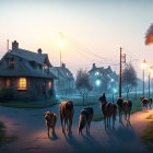 Tranquil street scene with traditional houses and glowing streetlights