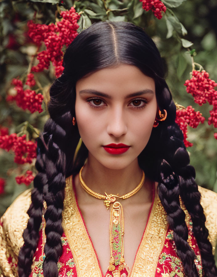 Dark-haired woman in braids with red flowers, red and gold attire, gold necklace, against floral