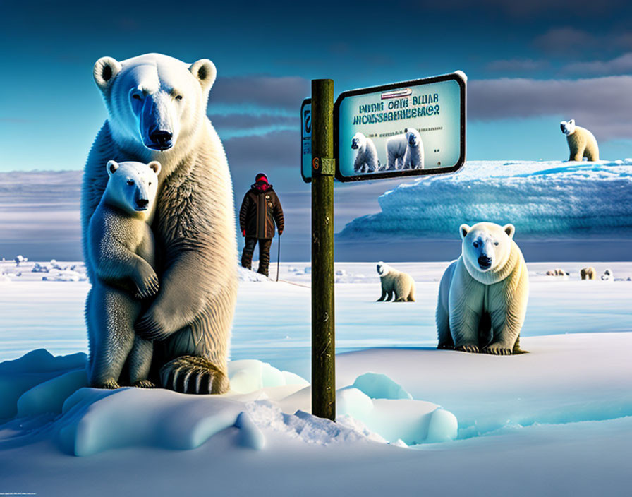 Polar bears and humans near signpost in snowy landscape