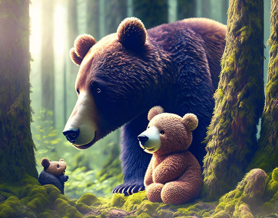 Curious real bear with tiny figurine in sunlit forest