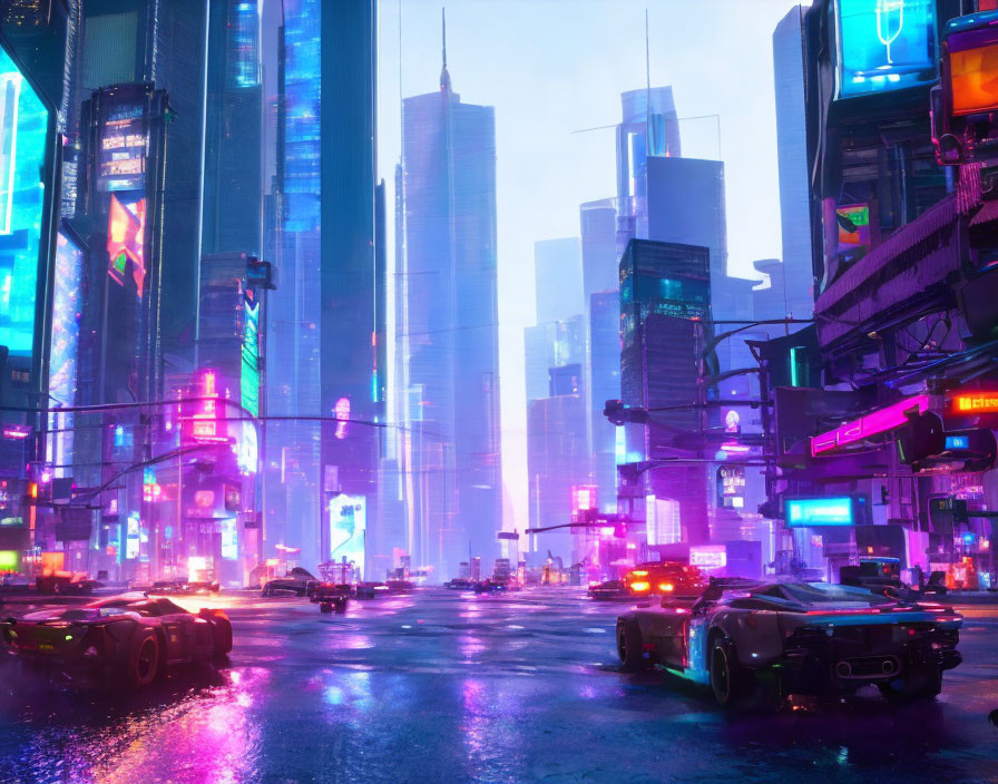 Futuristic neon-lit cityscape with flying cars and skyscrapers at dusk