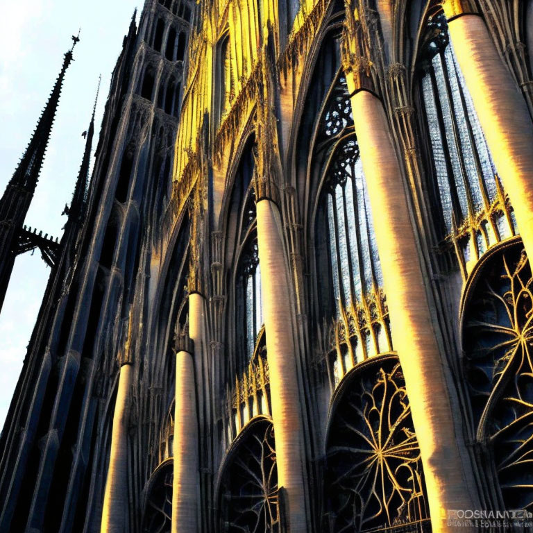 Gothic Cathedral with Rose Windows and Spires at Sunset