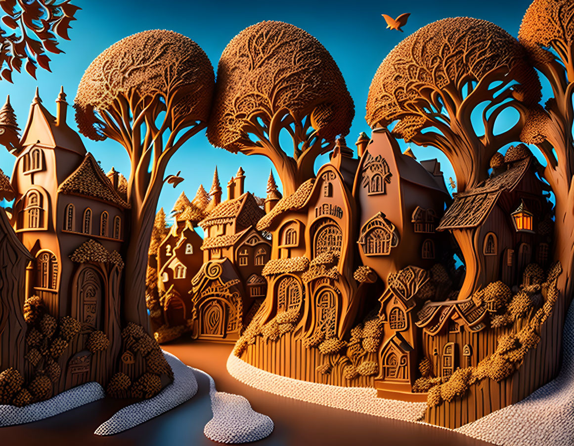 Whimsical village scene with tree-shaped buildings and butterfly