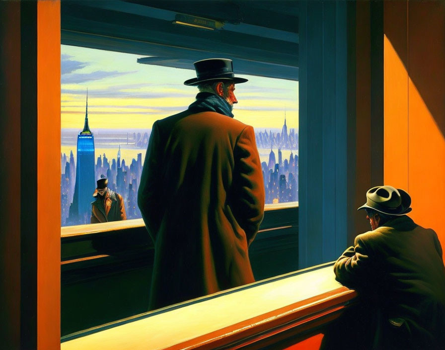 Two Men in Hats Admiring City Sunset View