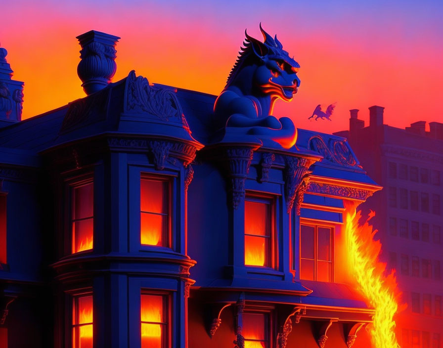 Mythical gargoyle on gothic building breathes fire in fiery sky